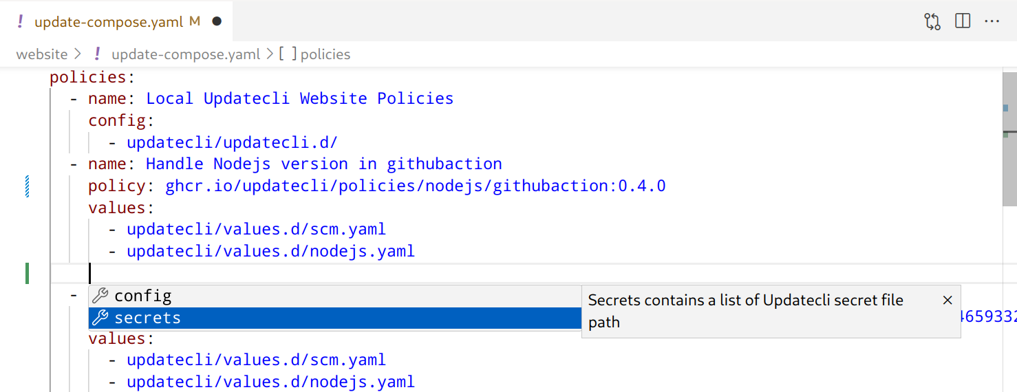 updatecli-compose.yaml auto completion
